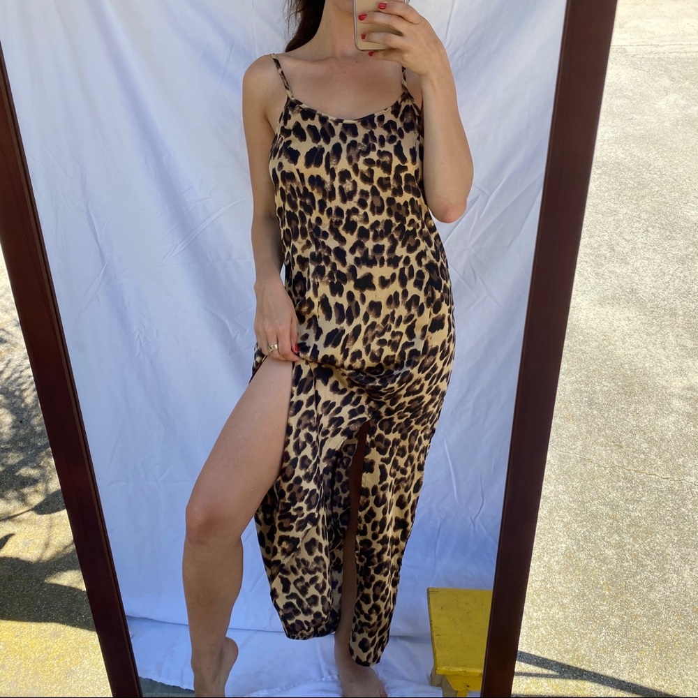 Satin cheetah print maxi dress with slit inserts